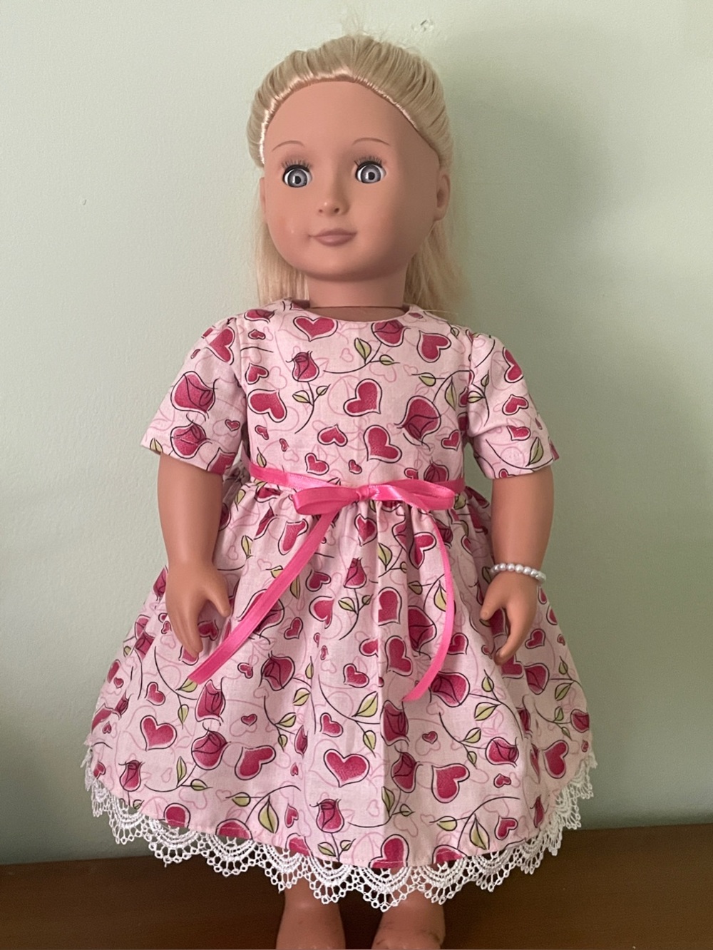 Pink Heart Print Doll Dress with Ribbon Waist - Kids Toy Outfit